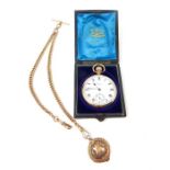 A boxed, 9 ct yellow gold pocket watch and rose-gold double Albert chain and fob