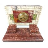 French Art Deco mantle clock, red & white marble case with green insert, brass engine turned dial,