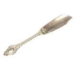 Mid Victorian silver butterknife, with cast twist stem terminating in blank cartouche shield finial,