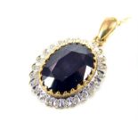 Sapphire & diamond pendant, 9ct gold mount & chain