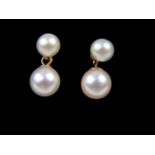 A pair of 9 ct yellow gold, cultured pearl drop earrings