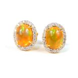 A pair of fire opal and diamond cluster earrings