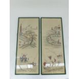 A pair of 19th century Chinese silk panels, embroidered with figures in a landscape