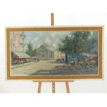 A large framed mid-20th century oil painting of a continental street scene