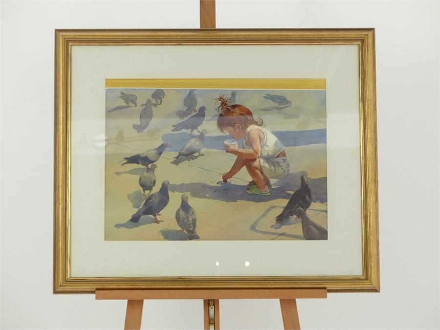 A late 20th century watercolour of a little girl feeding pigeons; unsigned; sight size 39cm x 54cm.