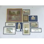 A large silk embroidery of a bridge over a river and an assortment of other framed art works