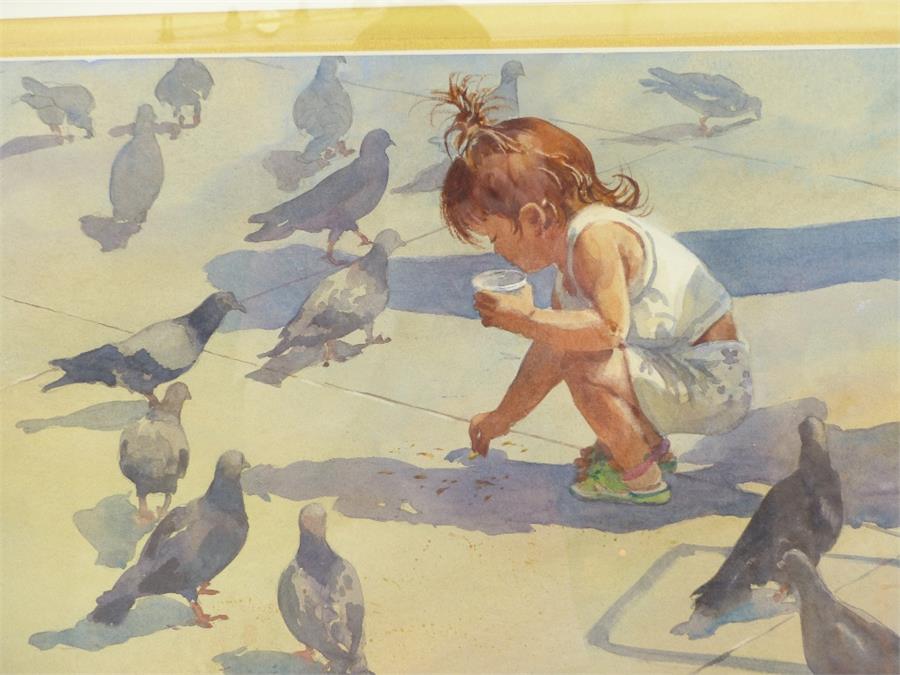 A late 20th century watercolour of a little girl feeding pigeons; unsigned; sight size 39cm x 54cm. - Image 2 of 2