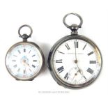 A hallmarked silver Kendal & Dent open face pocket watch, the white enamel dial with black painted