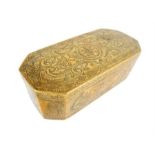 A 19th century Indonesian (Sumatra) engraved brass betel or tabacco box, 12 x 4 x 6cm