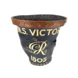 A Georgian leather, fire bucket with "H.M.S. Victory GR 1805" painted upon it; the "GR" monogram