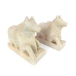 Pair of Indian marble / schist carvings of prone Nandi sacred bull of Hindu god Shiva, 16x 17cm