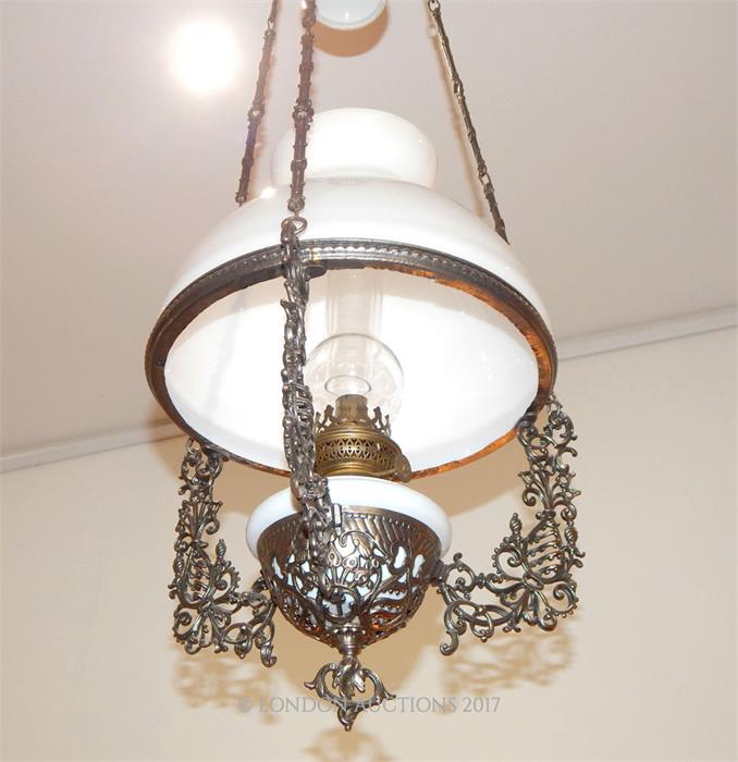 A mid / late Victorian painted spelter rise and fall ceiling oil lamp and shade. - Image 2 of 2