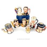 A group of eight Royal Doulton porcelain character jugs; The Judge and the Thief, D6988, King