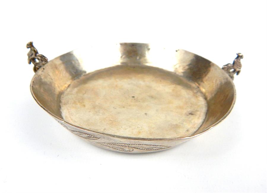 A 19th century Colonial Spanish (possibly Argentinian), white metal twin handled dish, 3 x 14 x