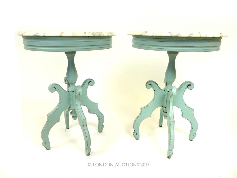 A pair of painted mahogany marble inset circular tables, raised on four shaped outswept supports, 74 - Image 2 of 2