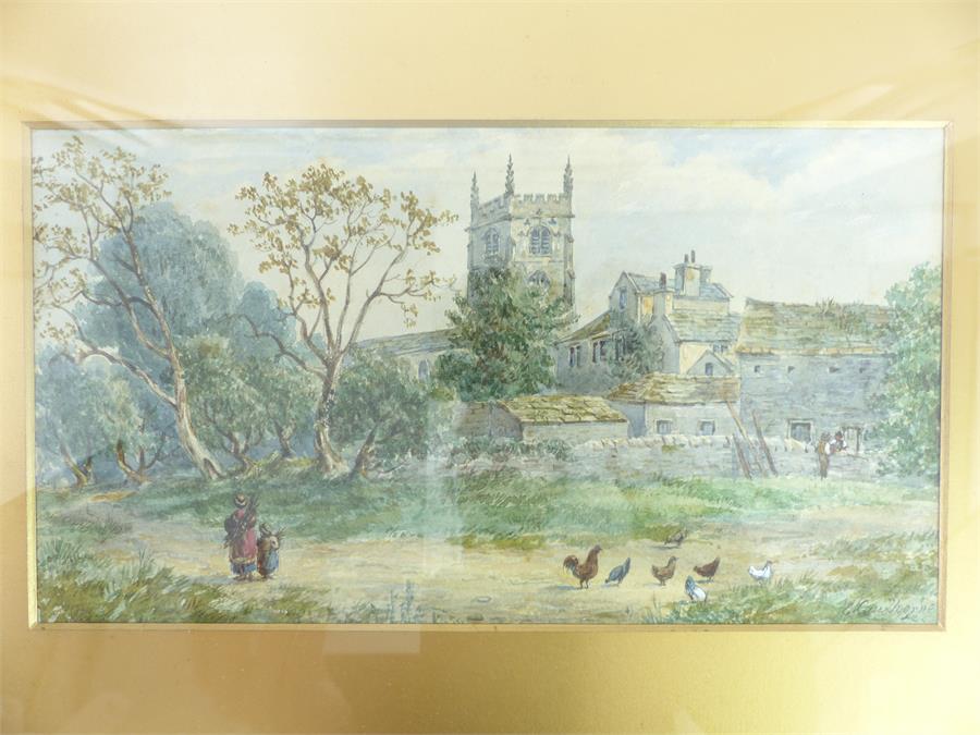 A late 19th century watercolour landscape depicting a village with a church - Image 2 of 3