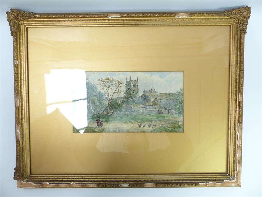 A late 19th century watercolour landscape depicting a village with a church