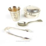 A late 19th century French silver plated circular canister and other items