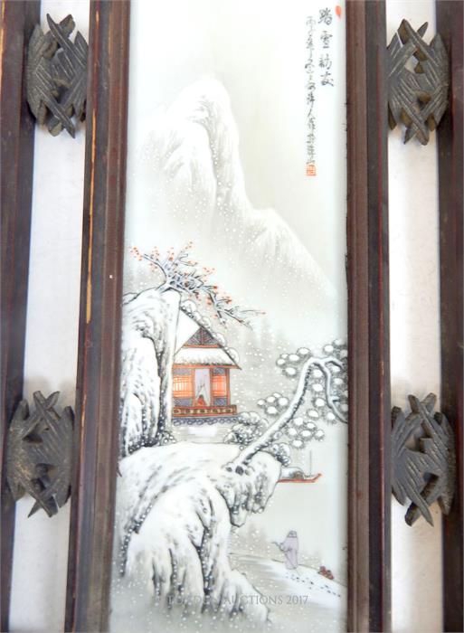 A pair of Chinese, Republic period enamelled porcelain plaques, within a pierced hanging hardwood - Image 2 of 5