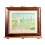 Art Deco watercolour of a links golf course scene with woman in foreground admired by man in