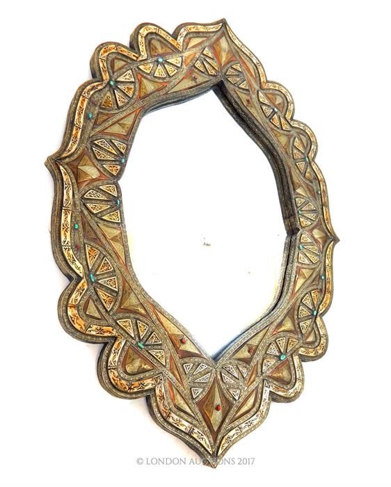 A North African mirror decorated with bone, copper, and embossed white metal - Image 2 of 3