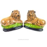A pair of painted stone lions on oval bases, 24 cm h