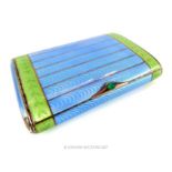 An early 20th century Russian rectangular cigarette case, with blue and green guilloche oyster