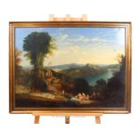 Oil on canvas, a large 19th century expansive classical landscape with robed figures