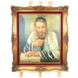 Signed Bodrogi?, large oil on canvas of a rabbi holding a pair of spectacles with other hand on an