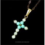 A 9 ct gold turquoise and seed pearl cross pendant