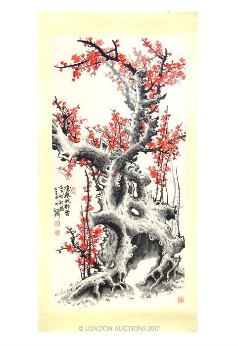 A 20th century Chinese scroll featuring cherry blossom on tree; unframed; overall size 165 cm x 81.5