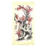 A 20th century Chinese scroll featuring cherry blossom on tree; unframed; overall size 165 cm x 81.5