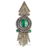 A striking Art Deco white metal tassel pendant set with crystals and green glass stones