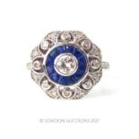 A 14 ct white gold Art Deco style octagonal diamond and sapphire cluster ring