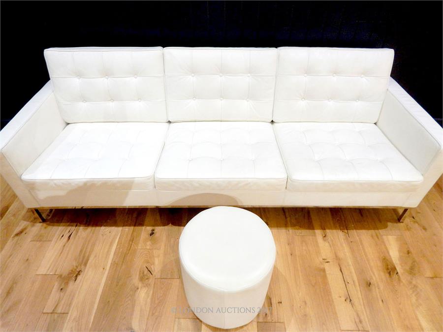 A contemporary cream leather button back and seated designer sofa, raised on four square chrome - Image 2 of 2