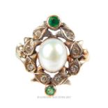 An antique 14 ct yellow gold diamond, emerald and pearl dress ring