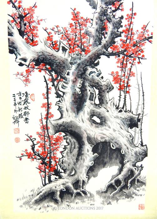 A 20th century Chinese scroll featuring cherry blossom on tree; unframed; overall size 165 cm x 81.5 - Image 2 of 2