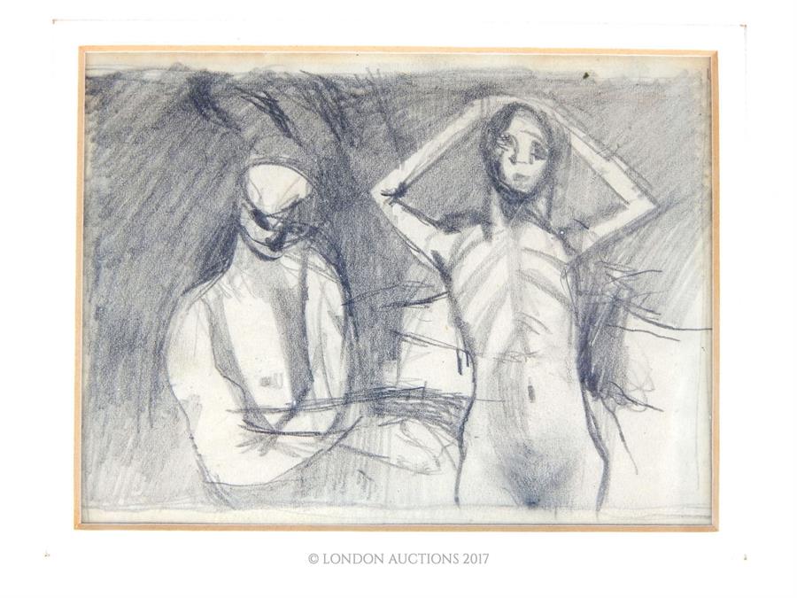 Keith Vaughan (1912-1977) "Two Figures" pencil sketch, circa 1950, sight size 9cm x 12cm. - Image 2 of 2