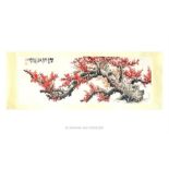 A large 20th century Chinese silk scroll painting of a cherry blossoming tree; with calligraphy