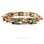 An Art Deco 14 ct yellow gold, diamond and natural emerald bracelet