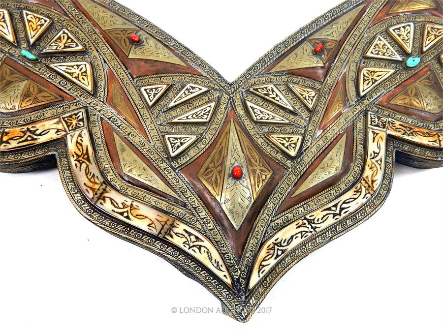 A North African mirror decorated with bone, copper, and embossed white metal - Image 3 of 3