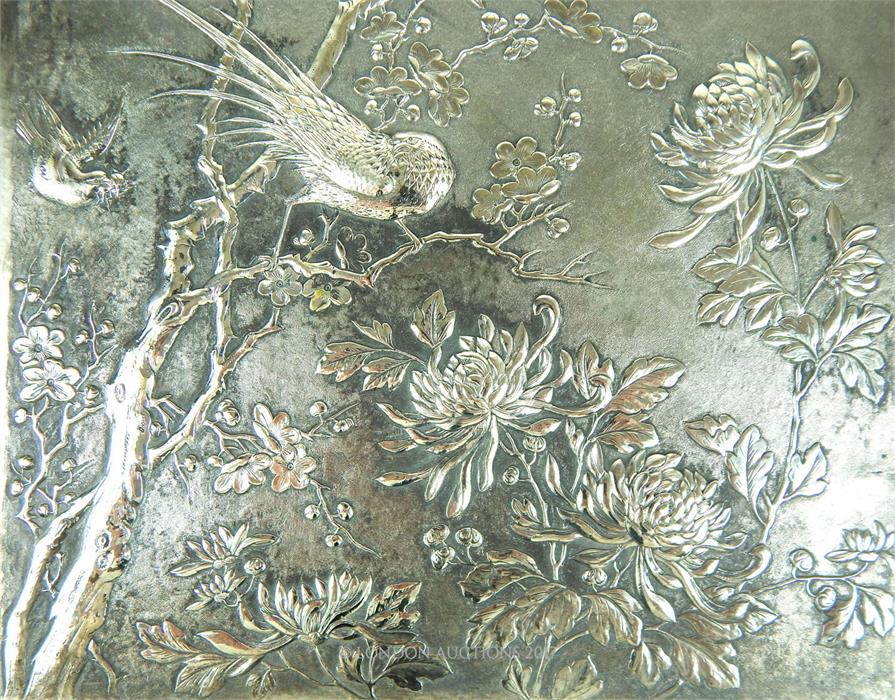 A late 19th / early 20th century Japanese silver rectangular panel, decorated with exotic birds - Image 2 of 3