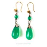 A pair of Art Nouveau green agate drop earrings
