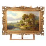 P.H. Ellis, oil on canvas of a cottage, Staffordshire, 19th century, 41 x 66cm, pierced gilt frame