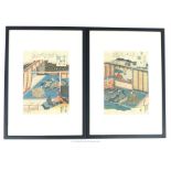 A pair of Japenese coloured wood block prints of musicians, framed. both signed and inscribed