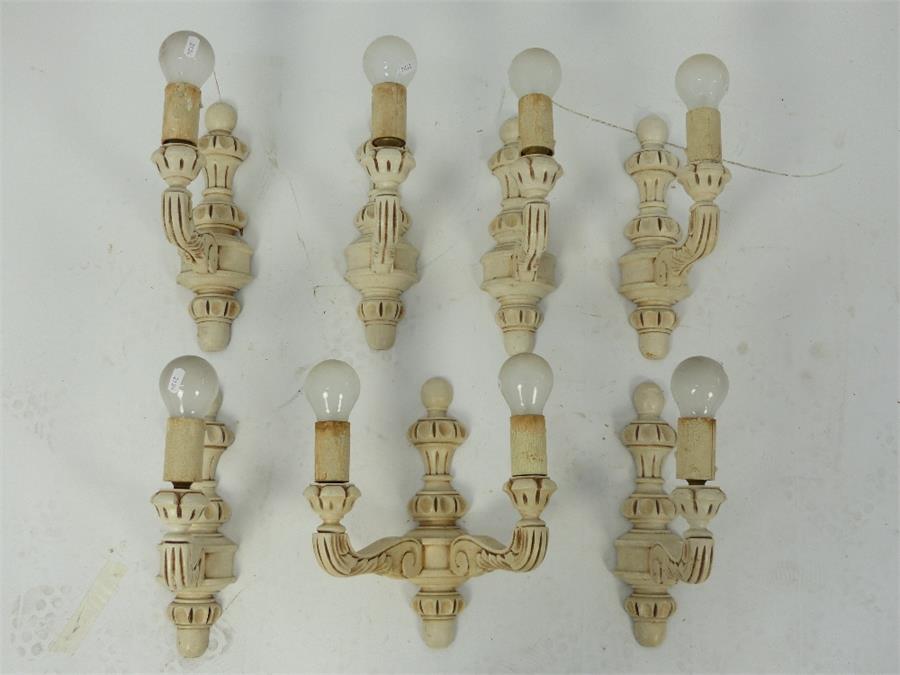 A set of seven painted and distressed carved pine wall lights - Image 2 of 2