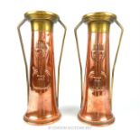 A pair of German c1900 Jugendstil copper and brass twin handled vases by Gebruder Bing