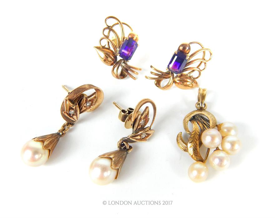 A pair of 14 ct yellow gold Art Nouveau diamond and pearl drop earrings, a pair of 9 ct yellow