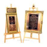 An Arabic text etched on a sheet of copper, in an ornate gilt frame, together with two similar