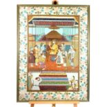 A large Indian Mughal gouache painting depicting a court scene with several figures